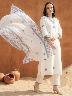 Women Floral Embroidered Thread Work Cotton Kurta with Trousers & With Dupatta 6