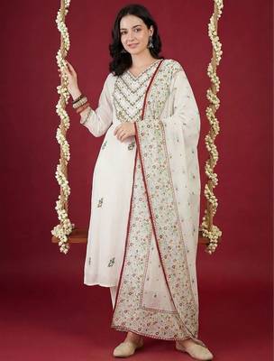 Women Ethnic Motifs Embroidered Thread Work Cotton Kurta with Trousers & With Dupatta 1