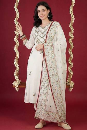 Women Ethnic Motifs Embroidered Thread Work Cotton Kurta with Trousers & With Dupatta