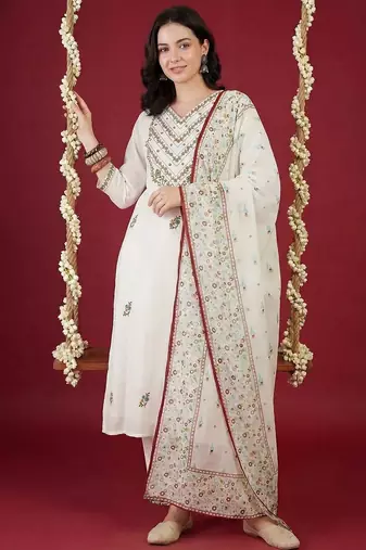 Women Ethnic Motifs Embroidered Thread Work Cotton Kurta with Trousers & With Dupatta