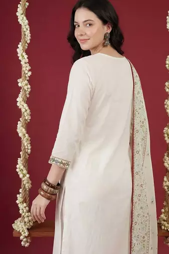 Women Ethnic Motifs Embroidered Thread Work Cotton Kurta with Trousers & With Dupatta