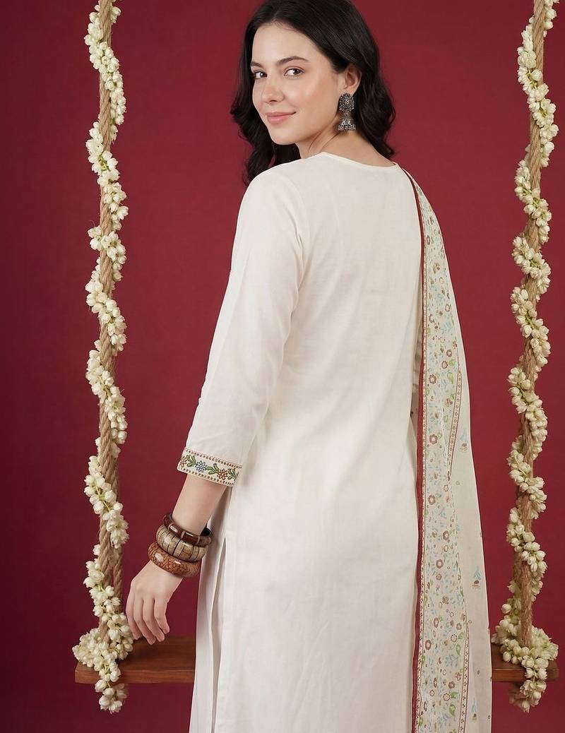 Women Ethnic Motifs Embroidered Thread Work Cotton Kurta with Trousers & With Dupatta