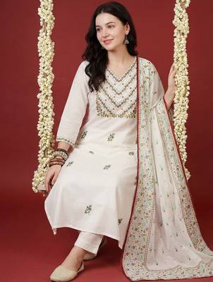 Women Ethnic Motifs Embroidered Thread Work Cotton Kurta with Trousers & With Dupatta 5