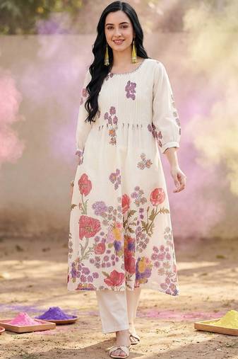 Floral Printed A-Line Sequinned Cotton Kurta With Trousers