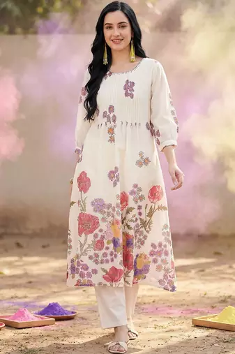 Floral Printed A-Line Sequinned Cotton Kurta With Trousers