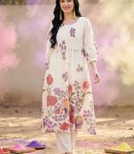 Floral Printed A-Line Sequinned Cotton Kurta With Trousers