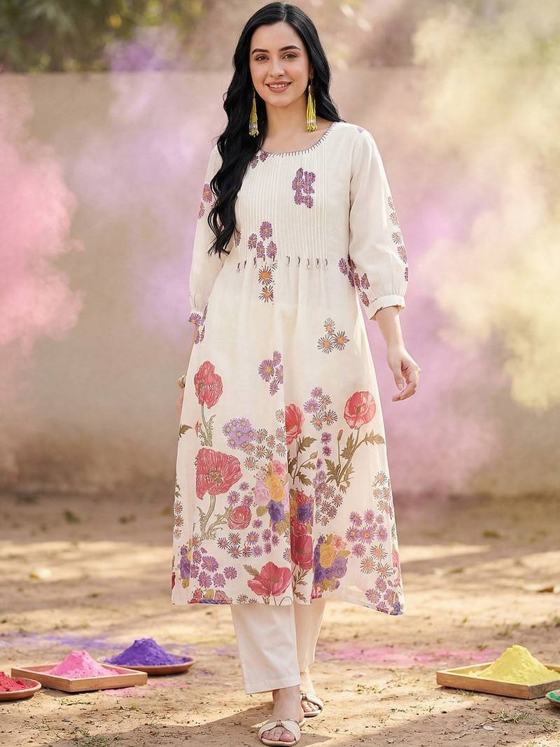 Floral Printed A-Line Sequinned Cotton Kurta With Trousers
