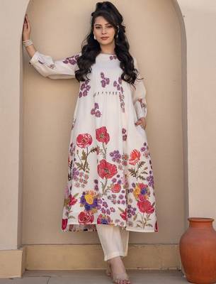 Floral Printed A-Line Sequinned Cotton Kurta With Trousers 2