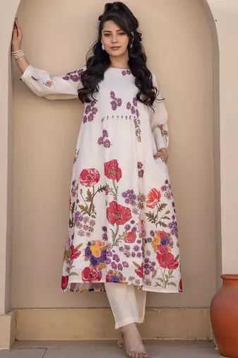 Floral Printed A-Line Sequinned Cotton Kurta With Trousers