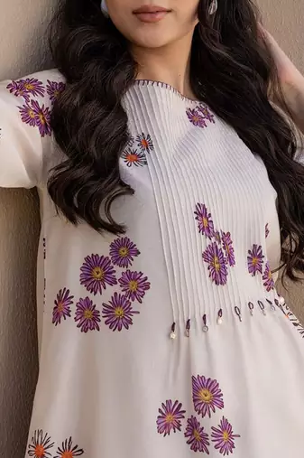 Floral Printed A-Line Sequinned Cotton Kurta With Trousers