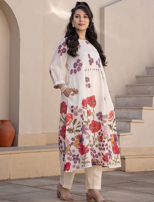 Floral Printed A-Line Sequinned Cotton Kurta With Trousers 4