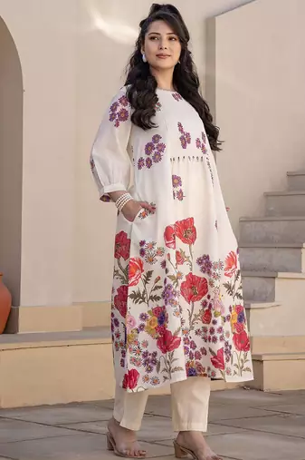 Floral Printed A-Line Sequinned Cotton Kurta With Trousers