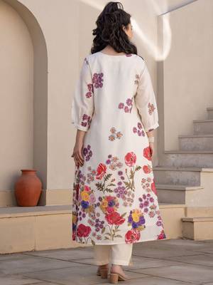 Floral Printed A-Line Sequinned Cotton Kurta With Trousers 5