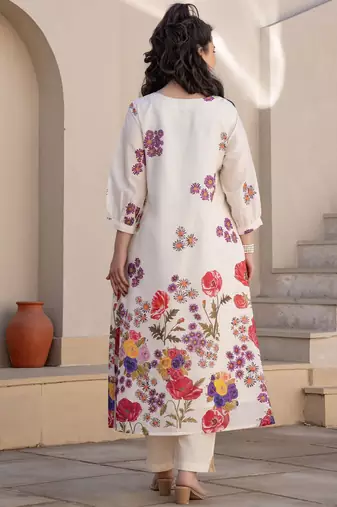 Floral Printed A-Line Sequinned Cotton Kurta With Trousers