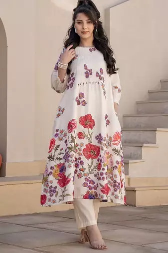 Floral Printed A-Line Sequinned Cotton Kurta With Trousers