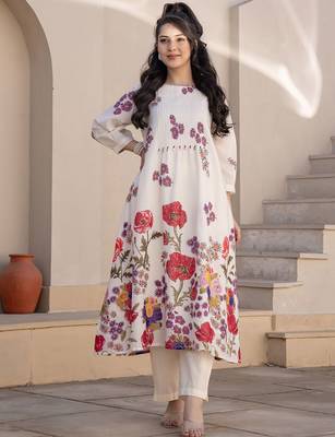 Floral Printed A-Line Sequinned Cotton Kurta With Trousers 7