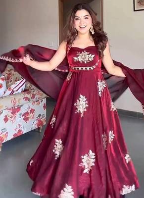 maroon fandy silk blend  party wear embroidery anarkali suit set 1