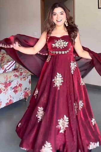 maroon fandy silk blend  party wear embroidery anarkali suit set