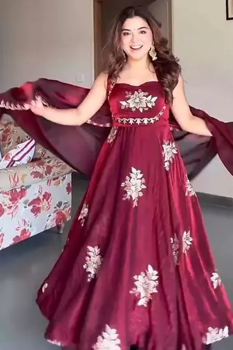 maroon fandy silk blend  party wear embroidery anarkali suit set