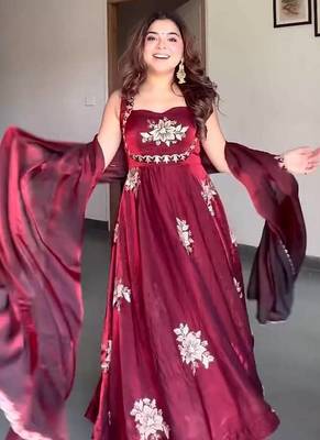 maroon fandy silk blend  party wear embroidery anarkali suit set 2