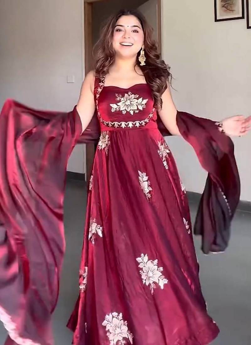 maroon fandy silk blend  party wear embroidery anarkali suit set