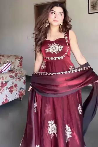 maroon fandy silk blend  party wear embroidery anarkali suit set