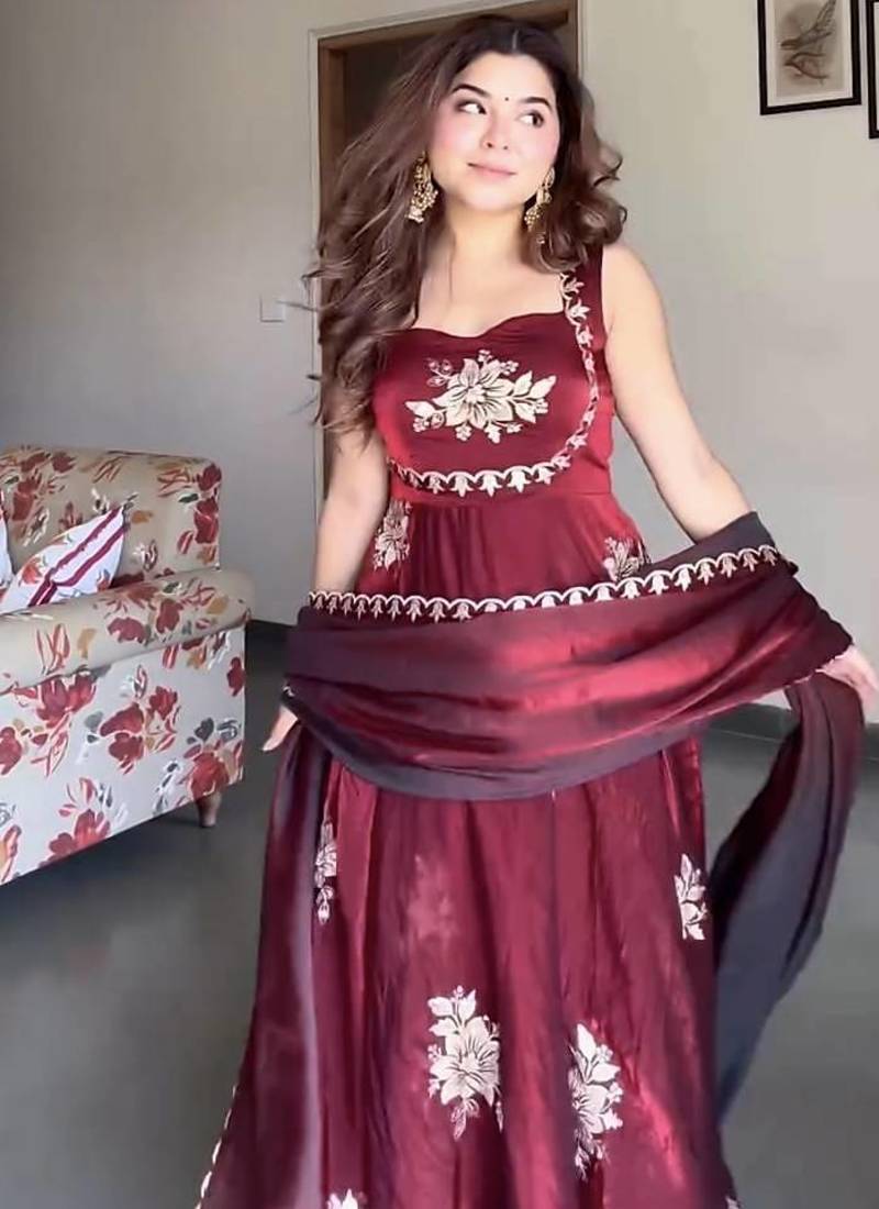 maroon fandy silk blend  party wear embroidery anarkali suit set