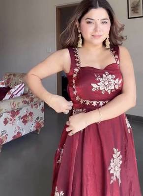 maroon fandy silk blend  party wear embroidery anarkali suit set 4