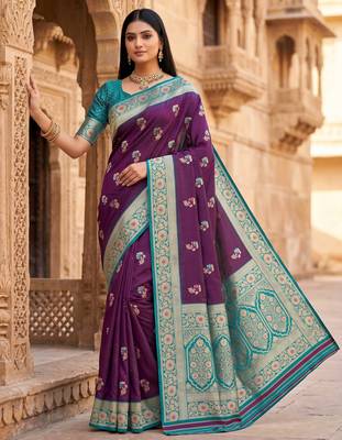 Wine soft banarasi silk saree with zari weaving meenakari design 1