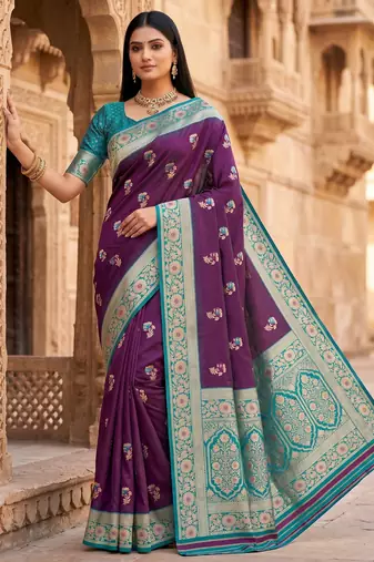 Wine soft banarasi silk saree with zari weaving meenakari design