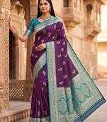 Wine soft banarasi silk saree with zari weaving meenakari design