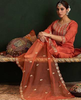 Women Ethnic Motifs Embroidered Gotta Patti Kurta with Trousers & With Dupatta 7