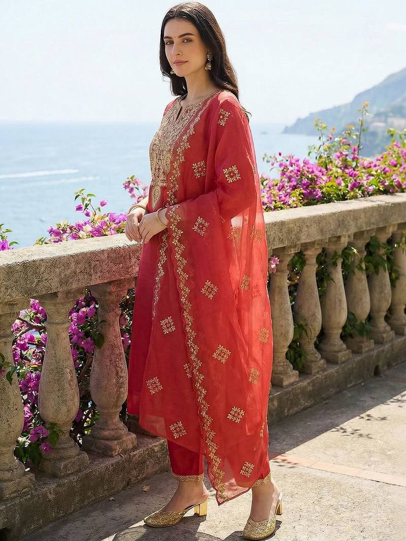 Women Ethnic Motifs Embroidered Thread Work Kurta with Trousers & With Dupatta