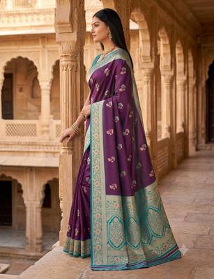 Wine soft banarasi silk saree with zari weaving meenakari design 2