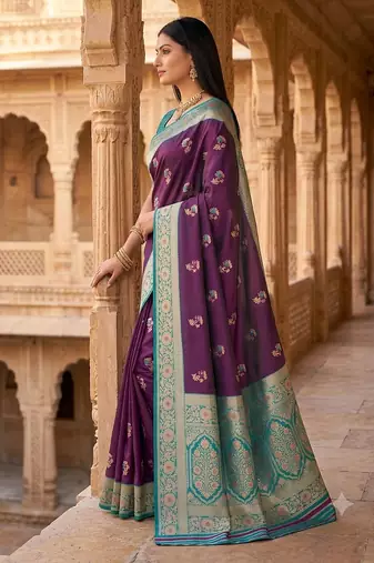 Wine soft banarasi silk saree with zari weaving meenakari design