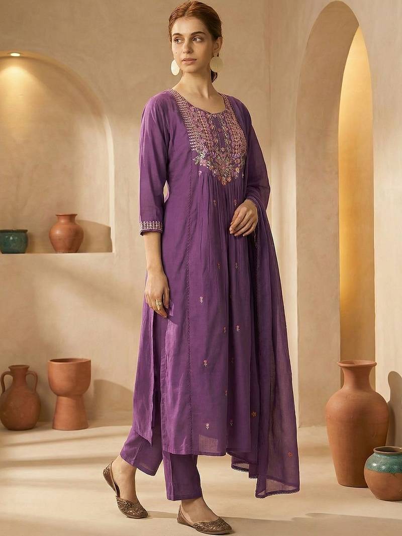 Women Floral Embroidered Panelled Thread Work Cotton Kurta with Trousers & With Dupatta