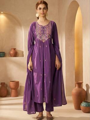 Women Floral Embroidered Panelled Thread Work Cotton Kurta with Trousers & With Dupatta 5