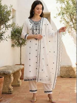 Women Ethnic Motifs Embroidered Thread Work Cotton Kurta with Trousers & With Dupatta 2