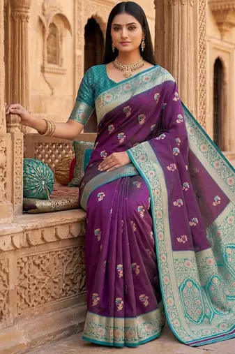 Wine soft banarasi silk saree with zari weaving meenakari design