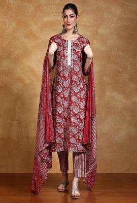 Floral printed cotton round neck kurta trouser & dupatta set 1