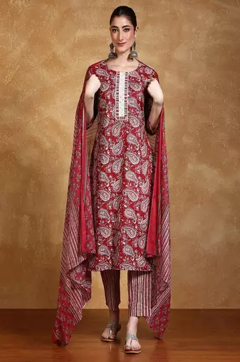 Floral printed cotton round neck kurta trouser & dupatta set