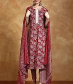 Floral printed cotton round neck kurta trouser & dupatta set