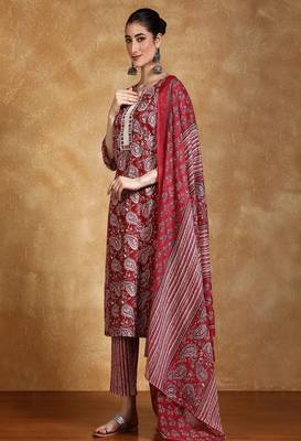 Floral printed cotton round neck kurta trouser & dupatta set 2