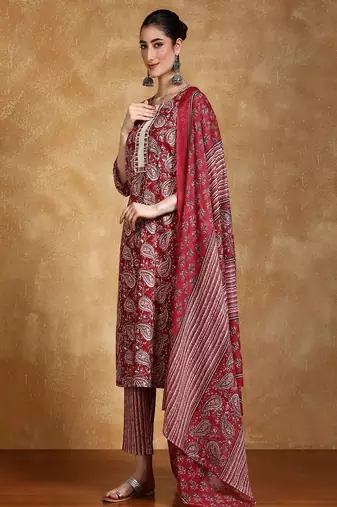 Floral printed cotton round neck kurta trouser & dupatta set