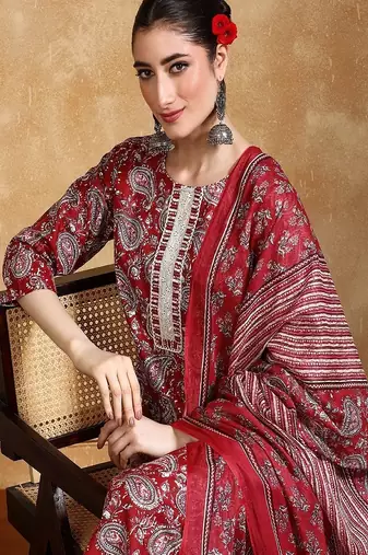 Floral printed cotton round neck kurta trouser & dupatta set