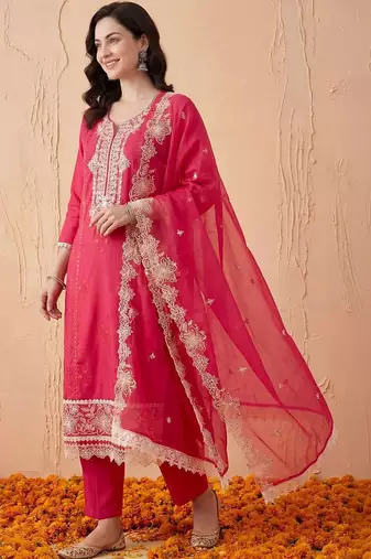 Women Ethnic Motifs Embroidered Thread Work Kurta with Trousers & With Dupatta