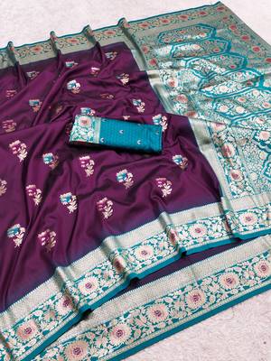 Wine soft banarasi silk saree with zari weaving meenakari design 5