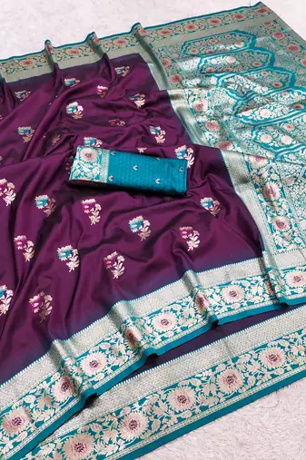 Wine soft banarasi silk saree with zari weaving meenakari design