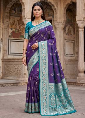 Purple soft banarasi silk saree with zari weaving meenakari design 1