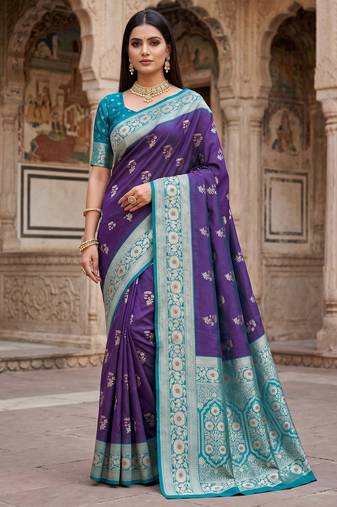 Purple soft banarasi silk saree with zari weaving meenakari design
